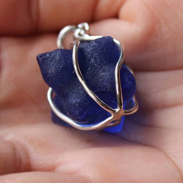 Blue Tunjung Flower Fosillized Pendant - Set in Silver White Gold Plated - Image 2