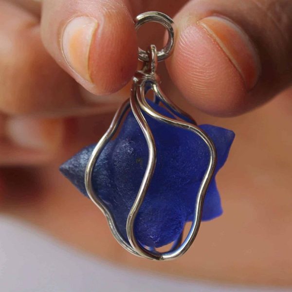 Blue Tunjung Flower Fosillized Pendant - Set in Silver White Gold Plated - Image 4